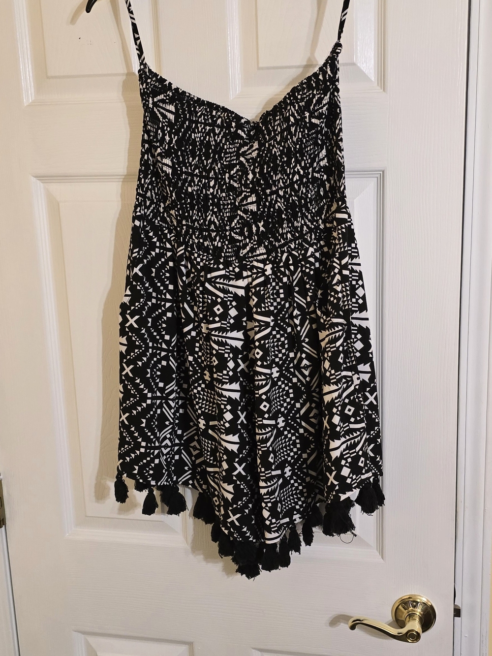 Black & White Patterned Tassel Hem Women's Romper